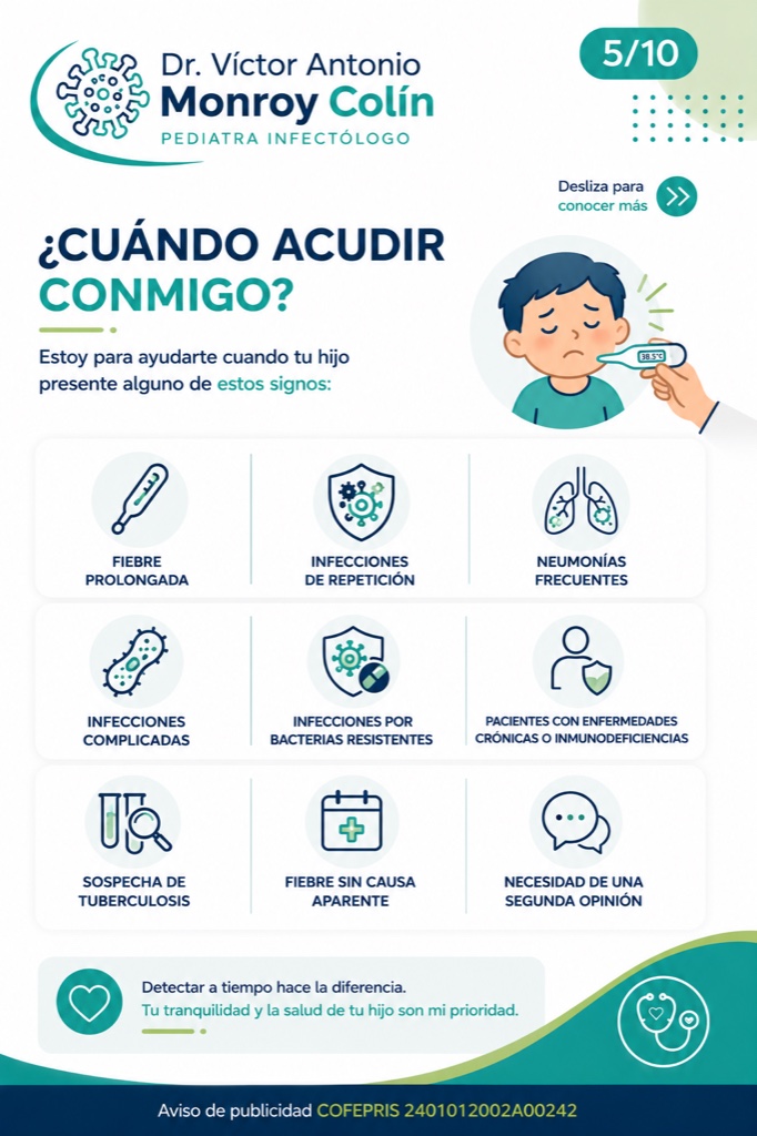 Resumen visual de señales para consultar a un infectólogo pediatra