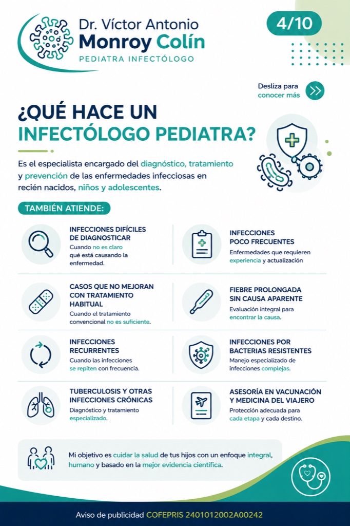Resumen visual de las áreas que atiende un infectólogo pediatra